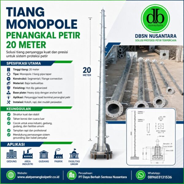 Tiang Penangkal Petir 20 Meter SS400 ST41 untuk Proteksi Area Luas