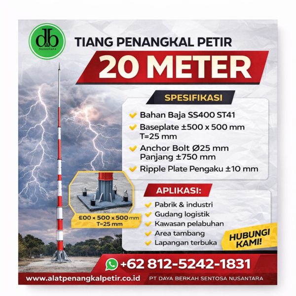 Tiang Penangkal Petir 20 Meter SS400 ST41 untuk Proteksi Area Luas