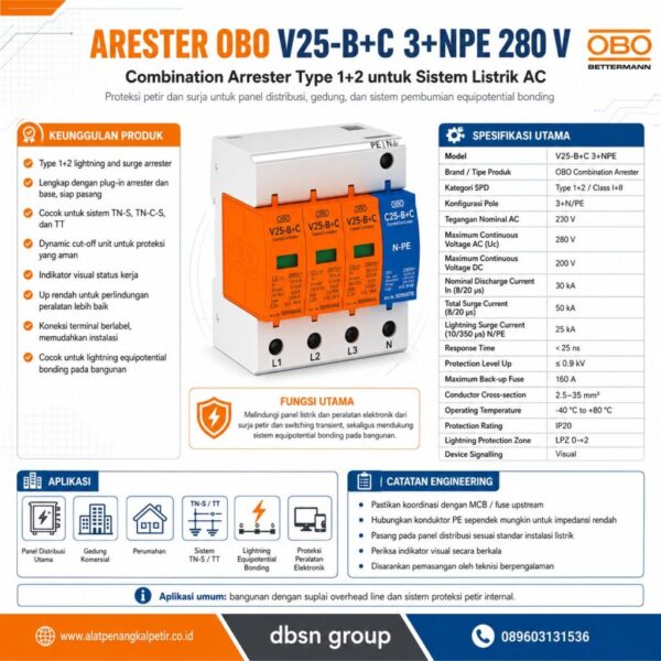 V25-B+C 3+NPE 280 V: Arrester Kombinasi Type 1+2 untuk Perlindungan Petir dan Lonjakan Tegangan