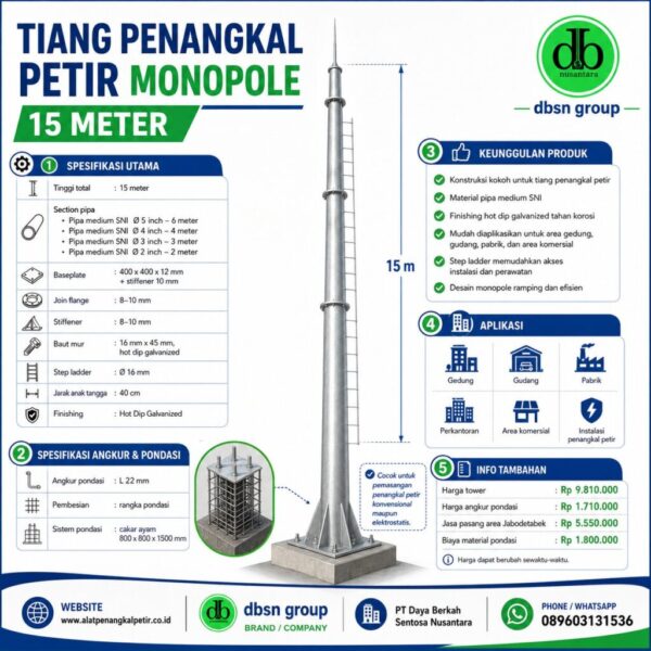 Tiang Tunggal Penangkal Petir 15 meter