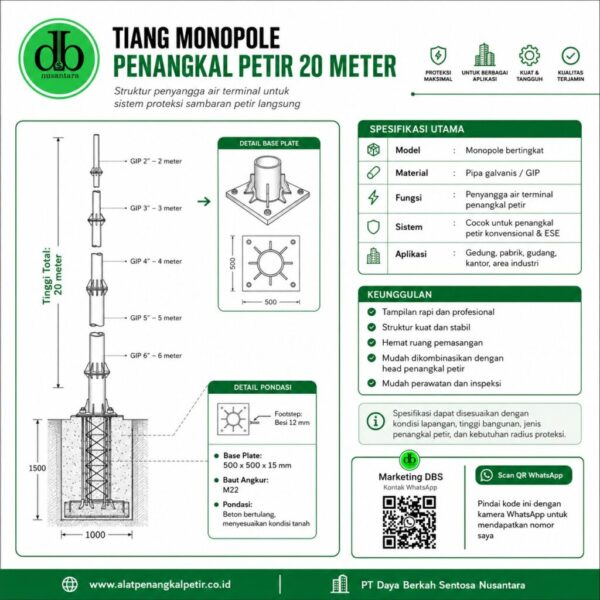 Tiang Monopole Penangkal Petir 20 Meter: Spesifikasi, Fungsi, dan Kelebihan untuk Sistem Proteksi Gedung